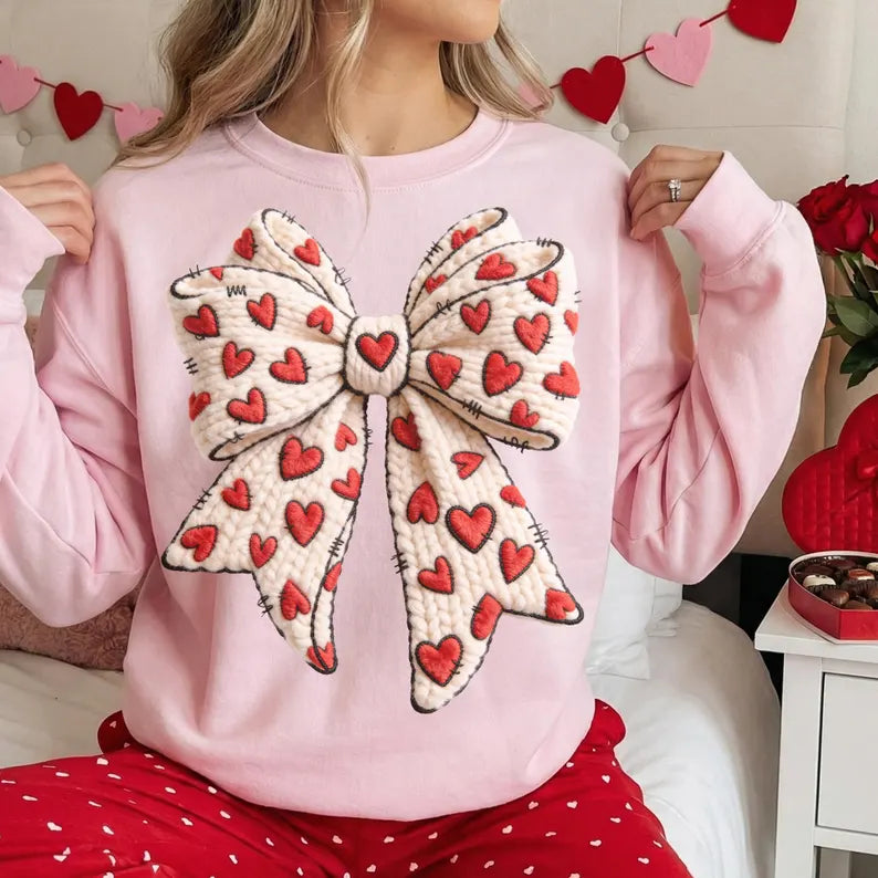Faux Yard Bow with Hearts Crewneck Sweatshirt