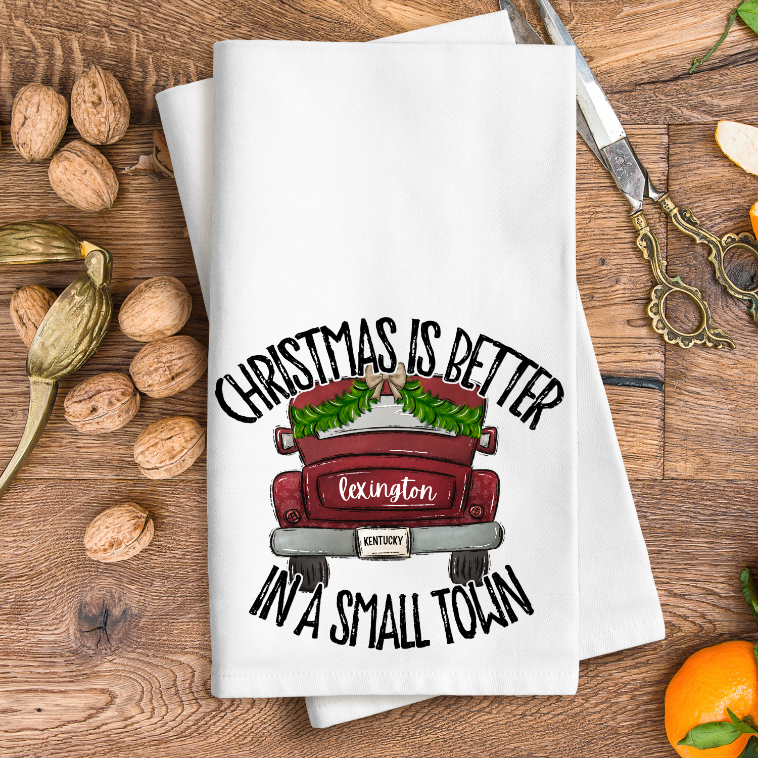 Christmas in a Small Town Personalized Tea Towel